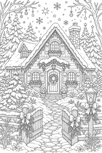 Free Printable Christmas Coloring Book – Cozy Cabin in the Snow Cover Scene
