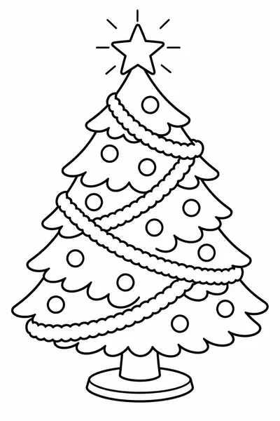 Christmas Tree Coloring Page Free – Classic Pine Tree With Tinsel and Glowing Star Topper