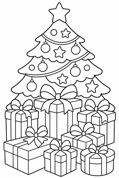 Christmas Present Coloring Pages – Wrapped Gift Boxes Stacked Under a Decorated Tree