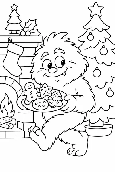 Furry Green Creature Stealing Christmas Cookies Coloring Page