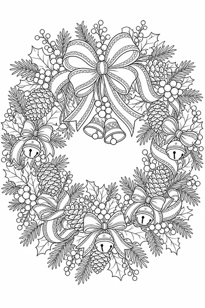 Christmas Coloring Book for Adults – Intricate Holiday Wreath with Pinecones and Bells