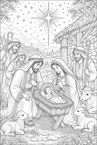Christian Christmas Coloring Pages – Nativity Scene with Mary, Joseph, and Baby Jesus