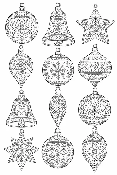 Coloring Page of Christmas Ornaments – Twelve Ornaments in a Decorative Grid