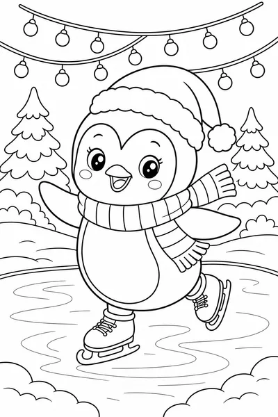 Printable Cute Christmas Coloring Pages – Penguin Ice Skating Under String Lights