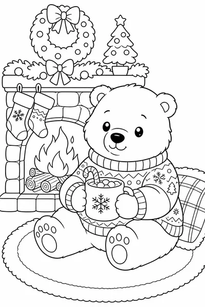 Polar Bear by the Fireplace with Hot Cocoa Coloring Page