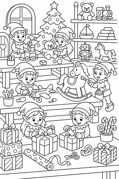 Easy Christmas Coloring Pages Printable PDF – Busy Elf Workshop Scene