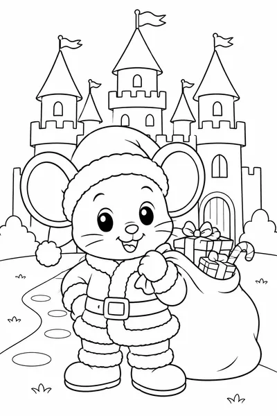 Big-Eared Cartoon Mouse Dressed as Santa Claus Coloring Page