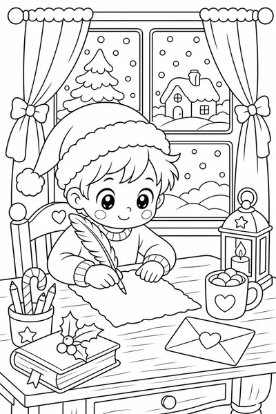 Child Writing a Letter to Santa Coloring Page