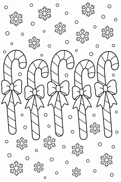 Simple Christmas Coloring Pages – Row of Five Candy Canes With Ribbon Bows and Snowflakes