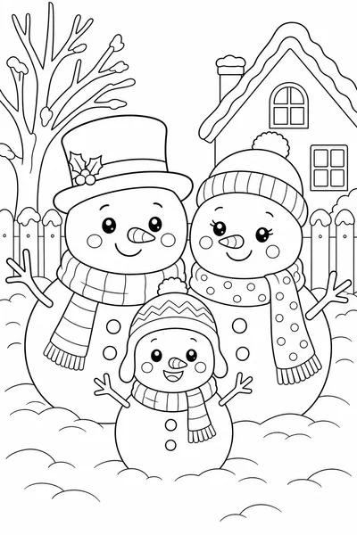 Free Printable Cute Christmas Coloring Pages – Snowman Family in a Snowy Yard