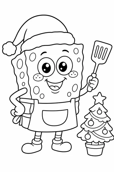 Square Sponge Fry Cook Santa Hat Christmas Coloring Page