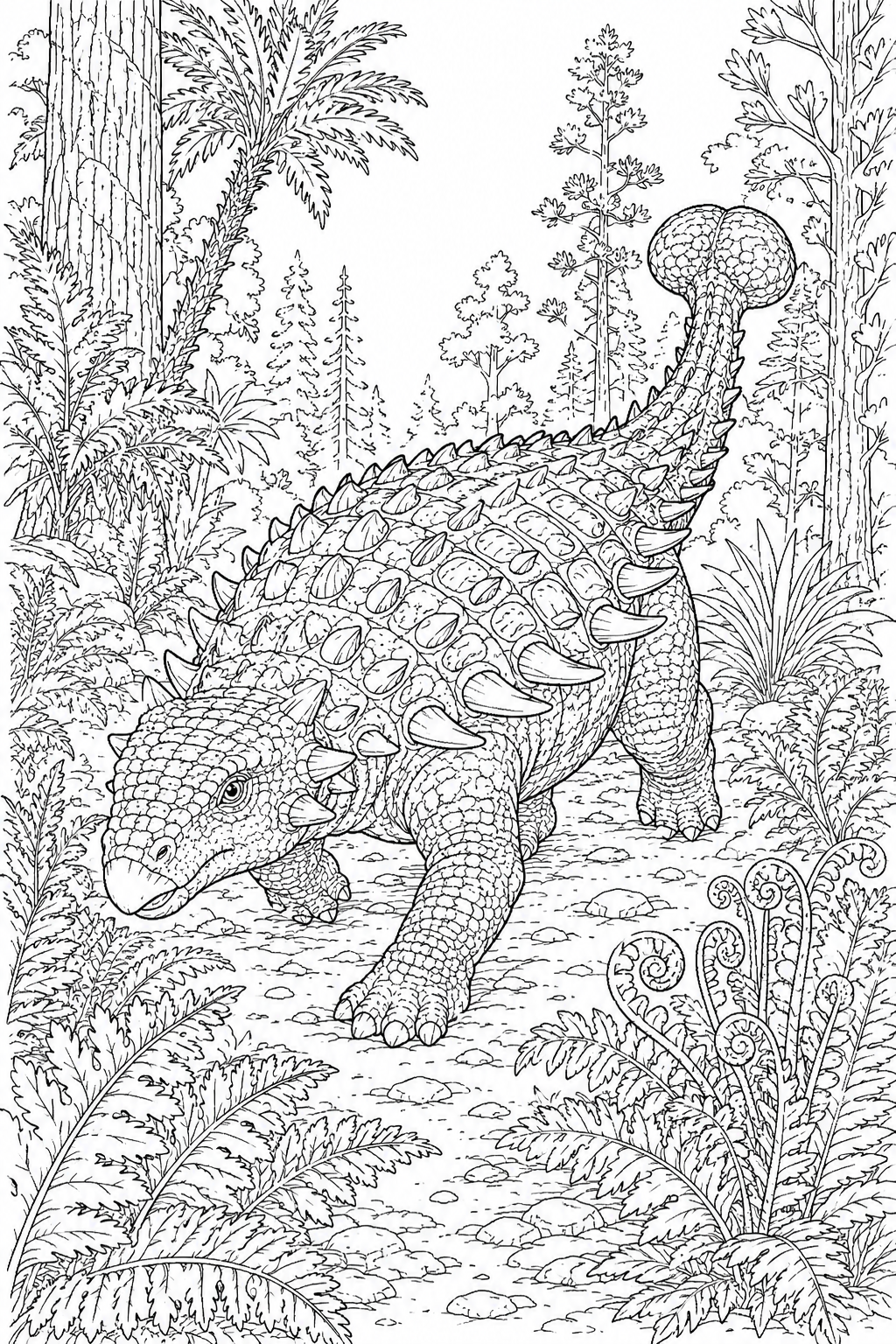 Ankylosaurus Dinosaur Coloring Pages – Club Tail Swing on a Forest Path