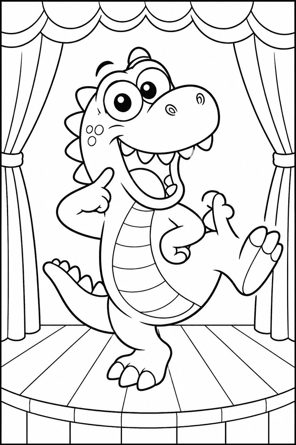 Cartoon Dinosaur Coloring Pages – Goofy Dino Striking a Funny Pose on Stage