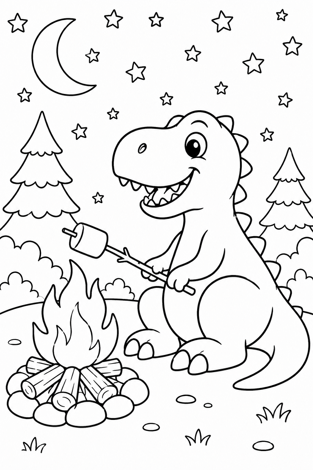 T-Rex Campfire Night Coloring Page