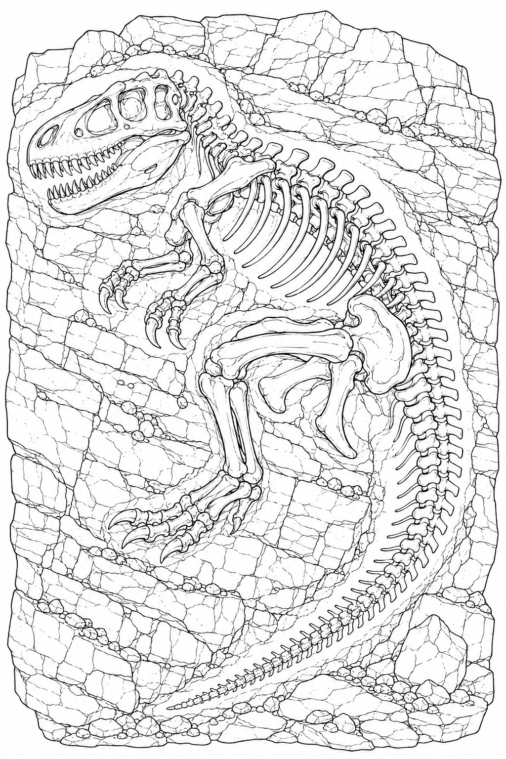 Dinosaur Fossil Coloring Pages – Skeleton Embedded in a Rocky Cliff