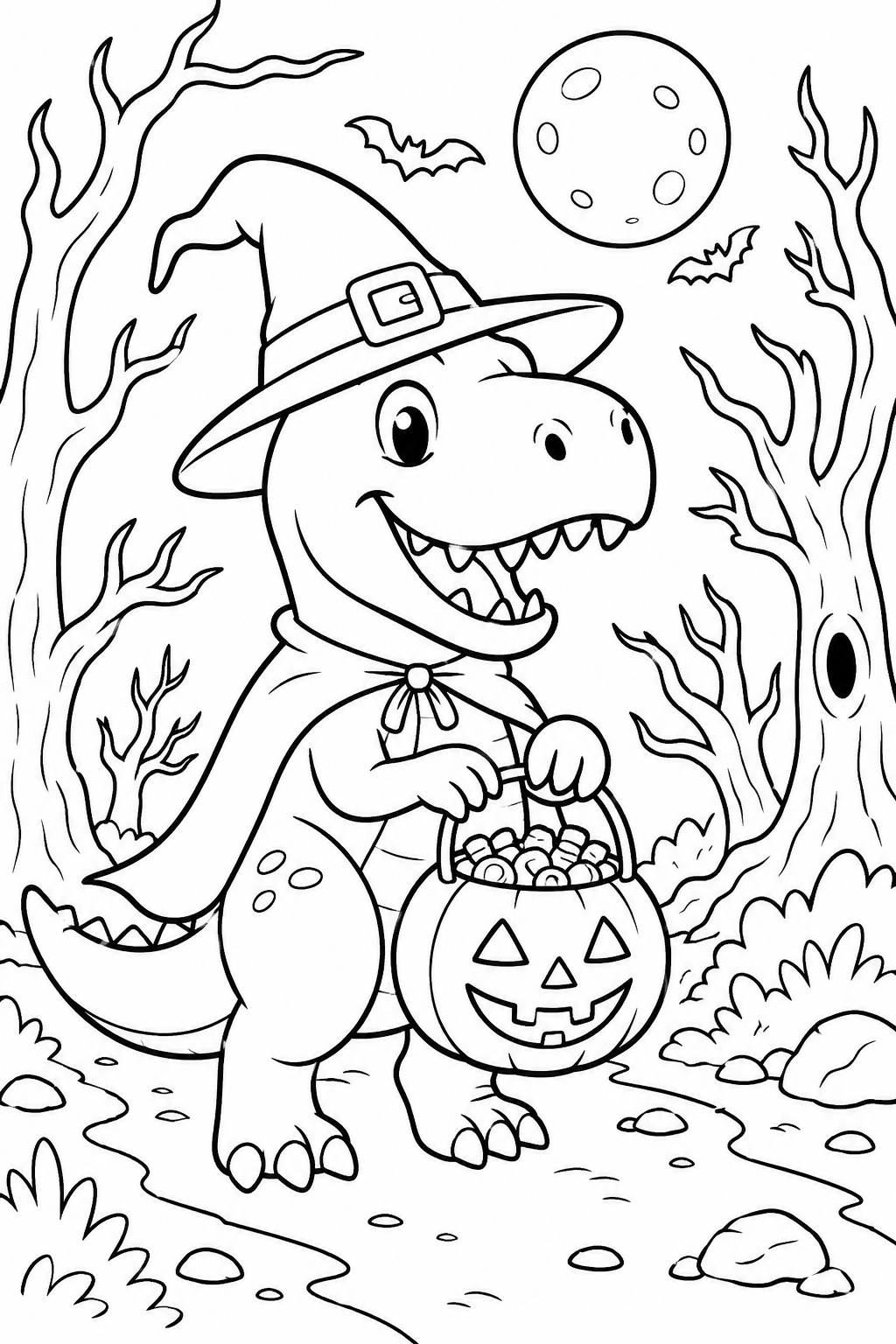 Dinosaur Halloween Coloring Pages – T-Rex Witch Trick-or-Treating at Night