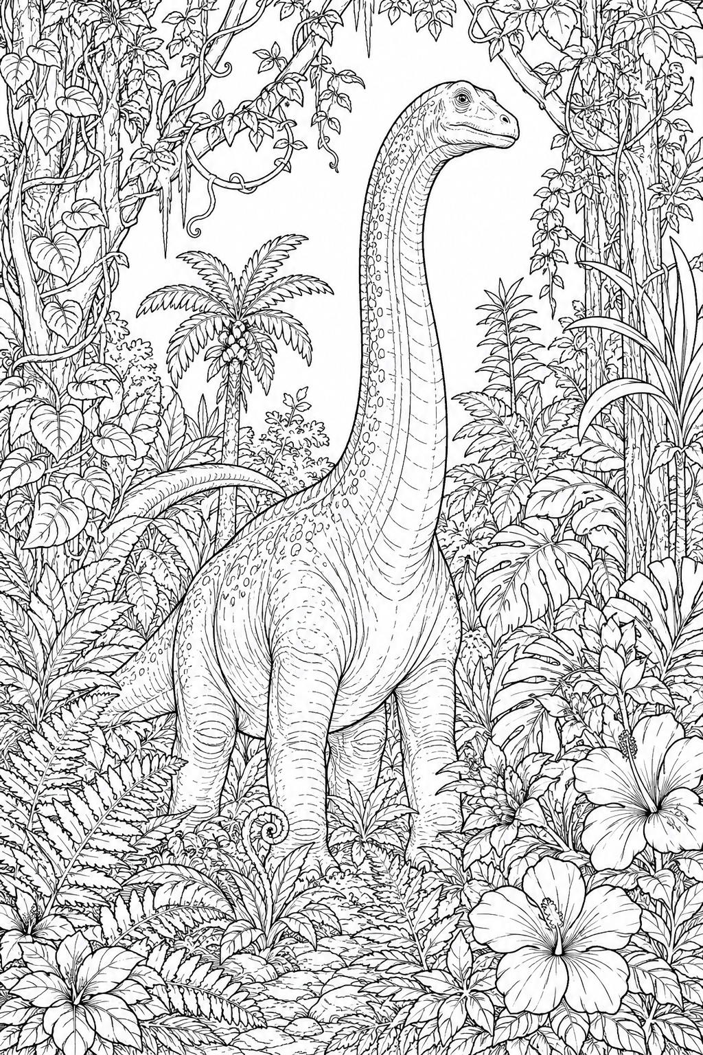 Coloring Book Pages Dinosaurs – Brachiosaurus in an Intricate Jungle