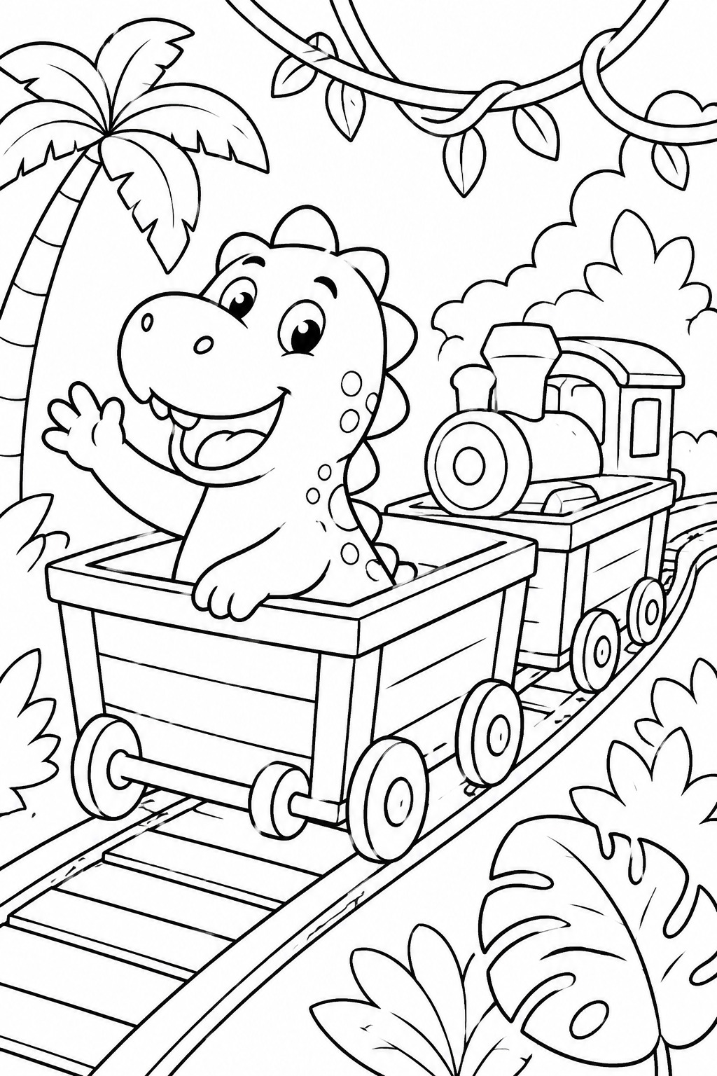 Dinosaur Train Color Pages – Cartoon Dino Riding Through the Jungle