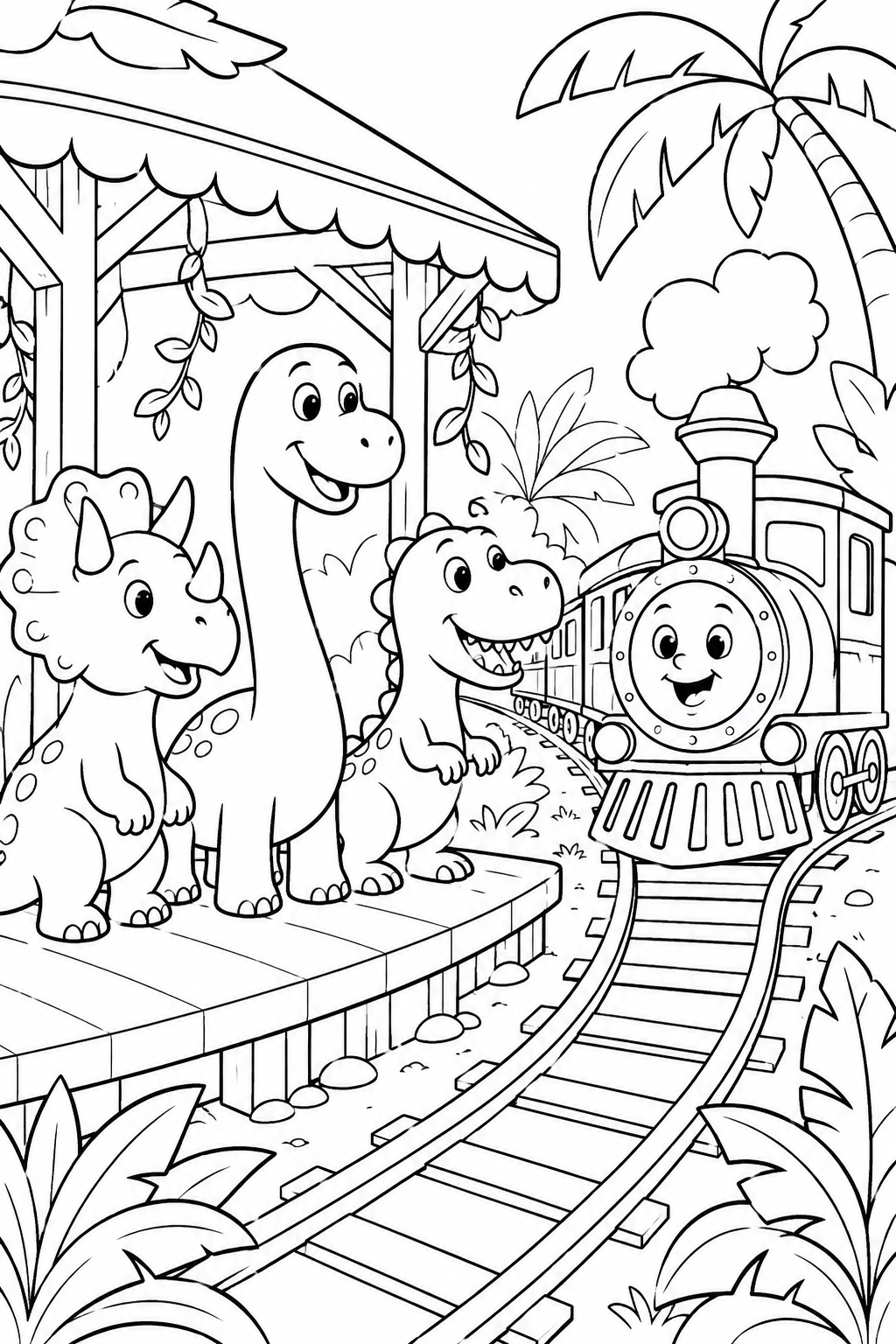 Dinosaur Train Coloring Pages – Three Cartoon Dinos at the Jungle Station