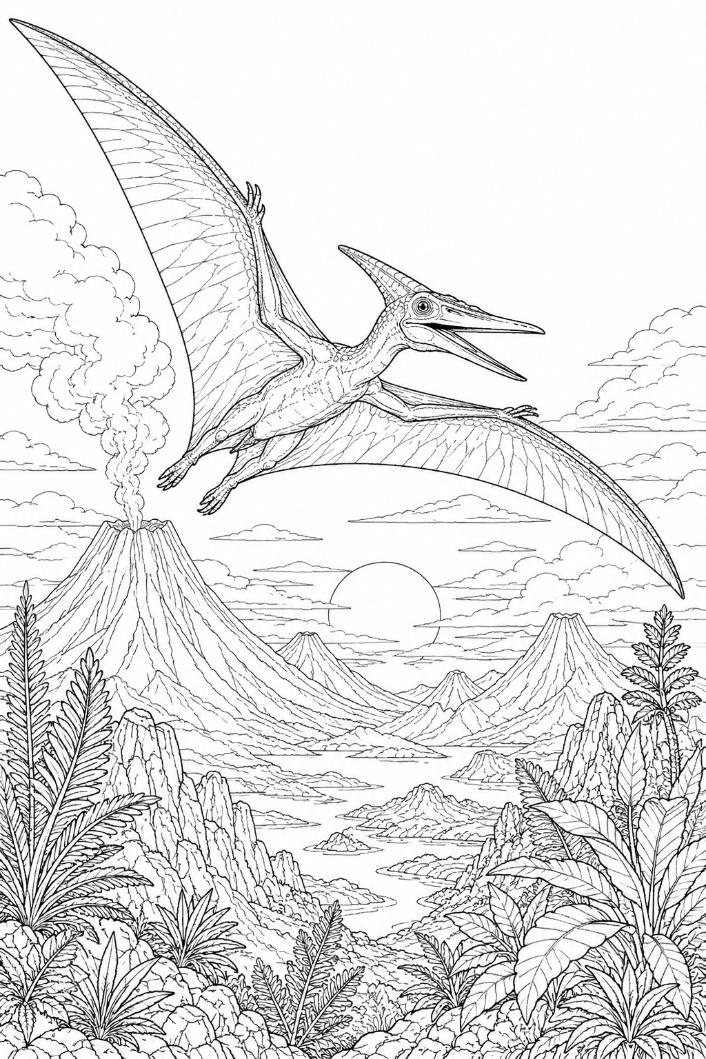 Pterodactyl Sunset Soar Coloring Page