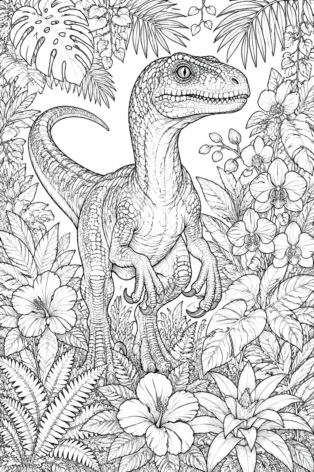 Dinosaur Coloring Pages for Adults – Velociraptor Botanical Illustration
