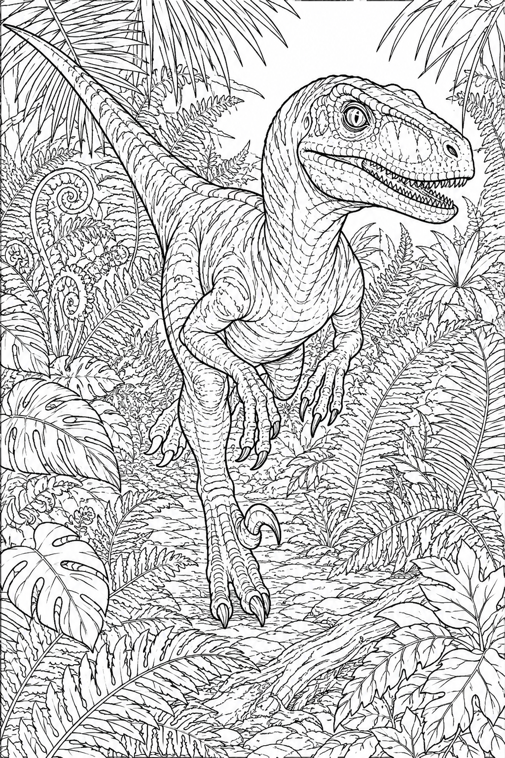 Raptor Dinosaur Coloring Pages – Velociraptor Sprinting Through the Jungle