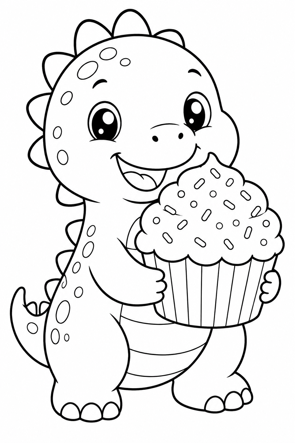 Coloring Pages of Cute Dinosaurs – Smiling Dino with a Giant Cupcake