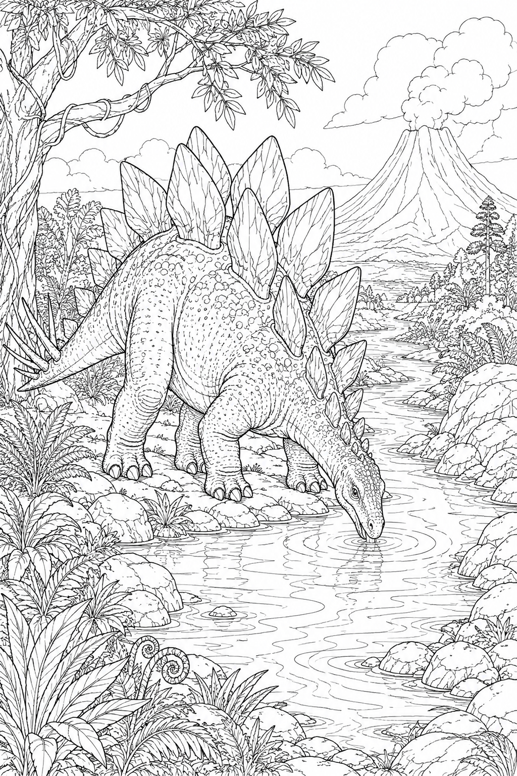 Stegosaurus Dinosaur Coloring Pages – Drinking at the Riverbank
