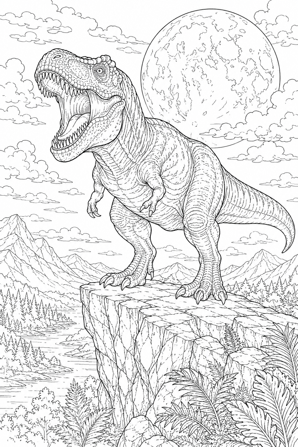 Dinosaur Coloring Pages T Rex – Roaring on a Moonlit Cliff