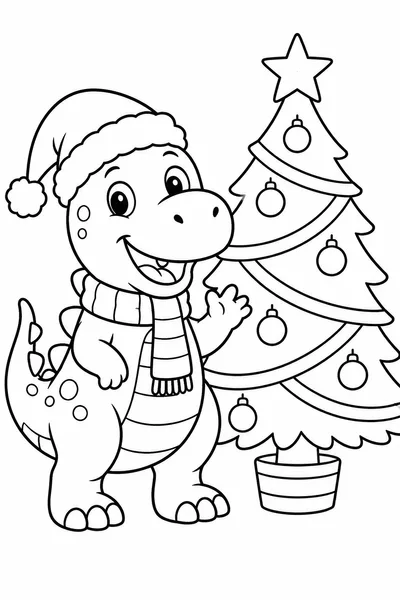 Christmas Dinosaur Coloring Pages – Dino in a Santa Hat by the Christmas Tree