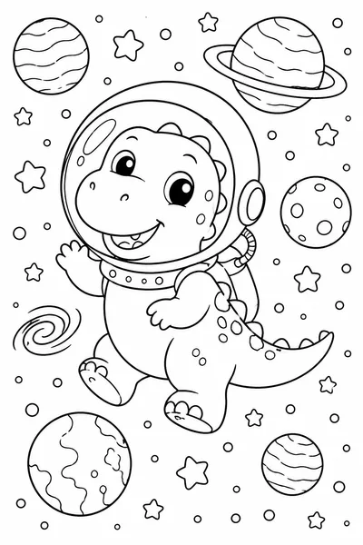 Cute Dinosaur Astronaut in Space Coloring Page
