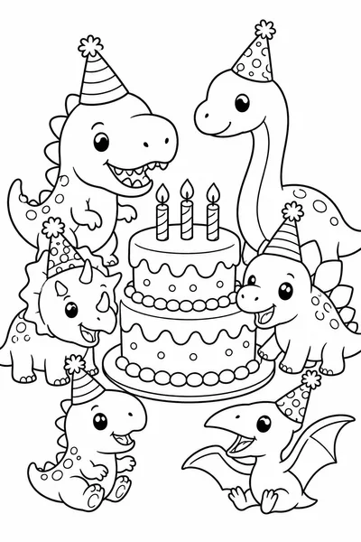 Childrens Coloring Pages Dinosaurs – Birthday Party with Cake and Party Hats