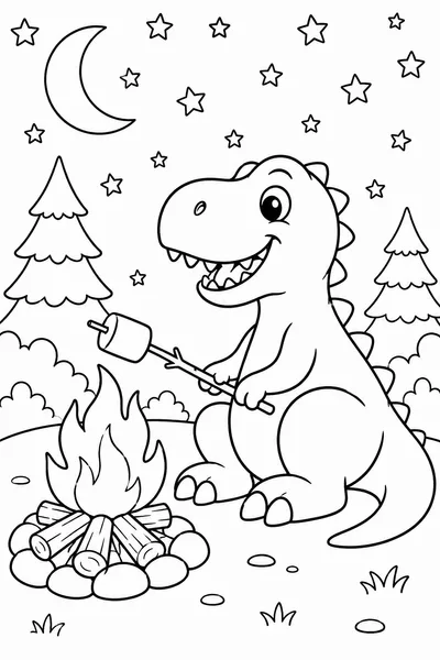 T-Rex Campfire Night Coloring Page