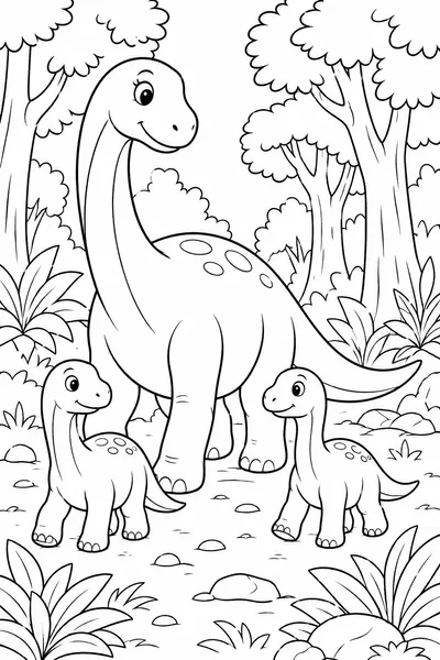 Coloring Pages of the Good Dinosaur – Apatosaurus Family Walking Through a Forest