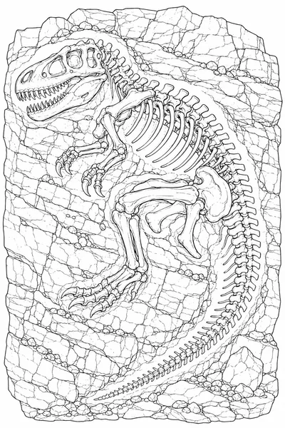 Dinosaur Fossil Coloring Pages – Skeleton Embedded in a Rocky Cliff