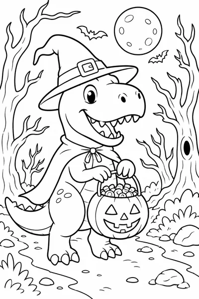 Dinosaur Halloween Coloring Pages – T-Rex Witch Trick-or-Treating at Night