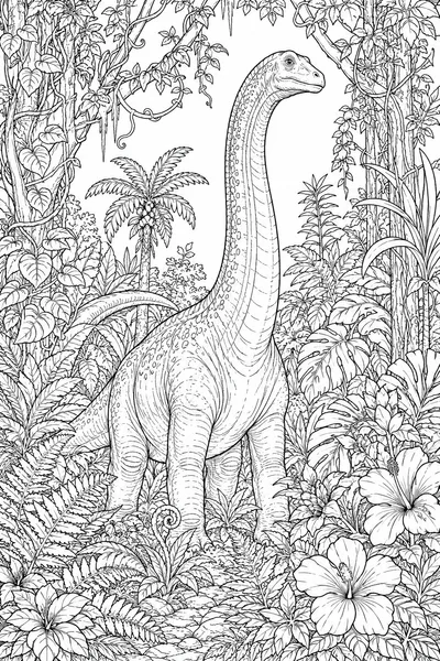 Coloring Book Pages Dinosaurs – Brachiosaurus in an Intricate Jungle