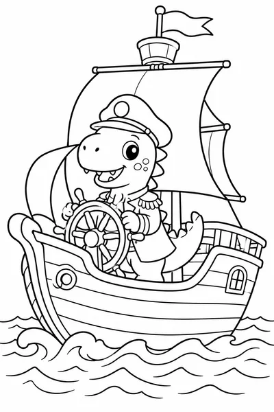 Dinosaur Pirate Captain on a Sailing Ship Coloring Page