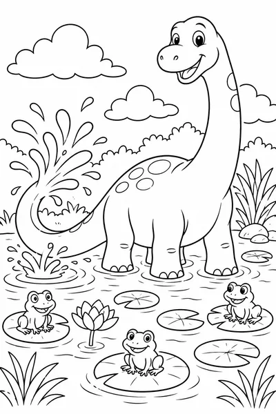 Dinosaur Coloring Pages for Kids – Brachiosaurus Splashing in a Pond