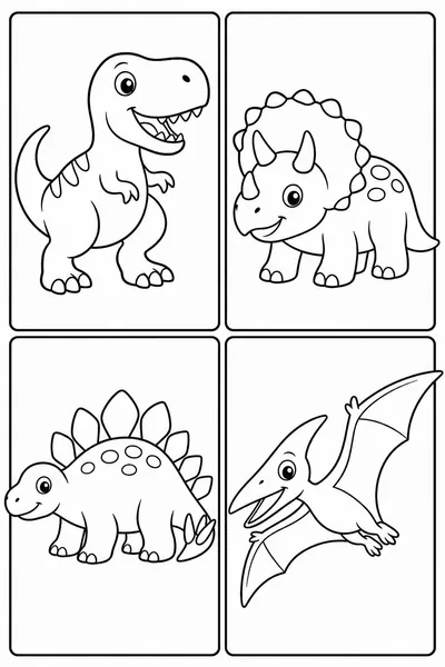 Dinosaurs Pictures Coloring Pages – Four-Panel Dino Portrait Grid