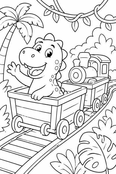 Dinosaur Train Color Pages – Cartoon Dino Riding Through the Jungle