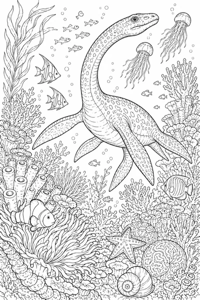 Plesiosaur Underwater Swim Coloring Page