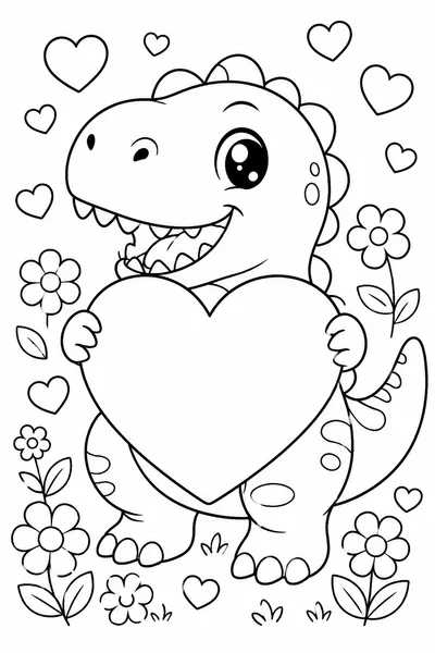 Dinosaur Valentine Coloring Pages – T-Rex Holding a Giant Heart Sign