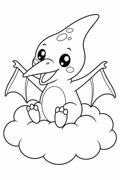 Cute Kawaii Dinosaur Coloring Pages – Pterodactyl Floating on a Cloud