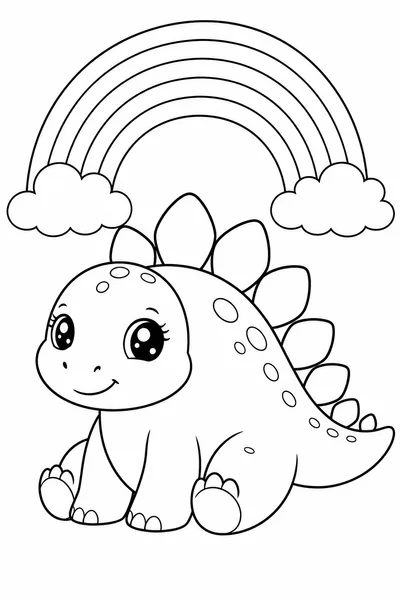 Easy Cute Dinosaur Coloring Pages – Kawaii Stegosaurus Under a Rainbow