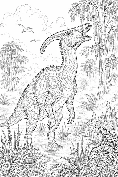 Parasaurolophus Calling Across a Prehistoric Swamp Coloring Page
