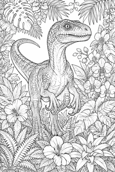 Dinosaur Coloring Pages for Adults – Velociraptor Botanical Illustration