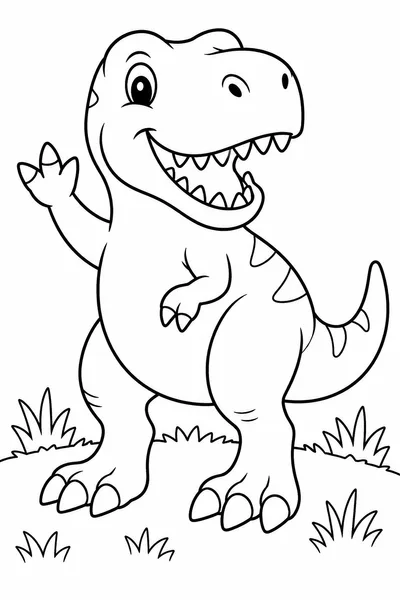 Simple Dinosaur Coloring Pages – T-Rex Waving in a Grassy Field