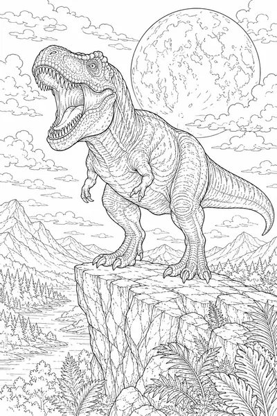Dinosaur Coloring Pages T Rex – Roaring on a Moonlit Cliff