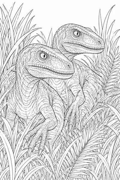 Dinosaur Coloring Pages Velociraptor – Two Raptors Hunting in the Tall Grass